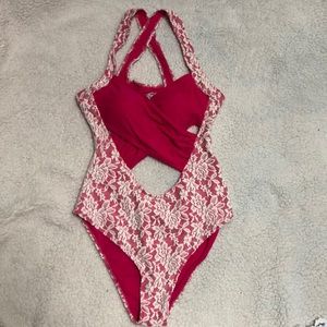 Pink & White Lace One Piece Swimsuit